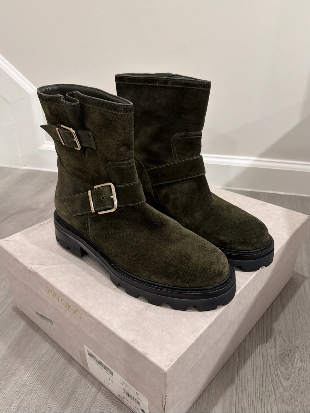 Jimmy Choo Youth ll Suede Biker Boots Seaweed Lug Sole Buckle EU 38.5